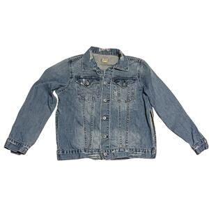 True Craft Womens  Denim Jacket, Split Side Distressed/Med Washed Size Medium